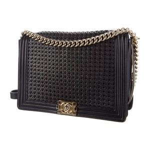 New Year SALE- CHANEL X Large Boy Bag- Navy Blue Weave w Gold Hardware